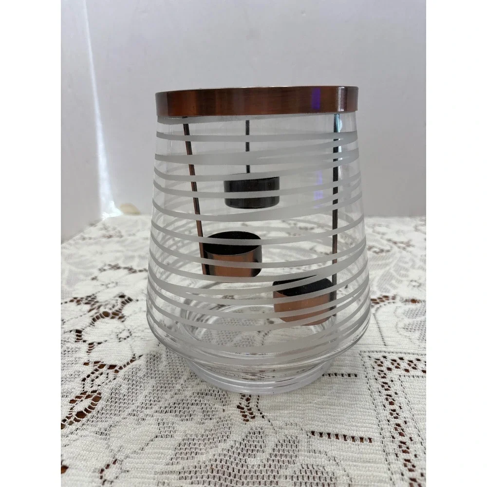 Frosted Stripe Glass‎ Hurricane Candle Holder with 3 Tea Light Copper Insert 7